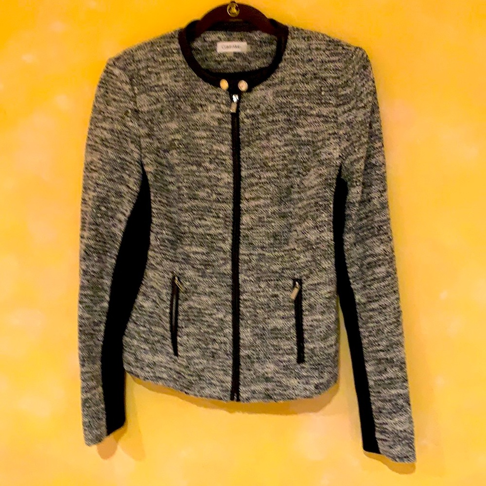 Calvin Klein tweed jacket with faux leather trim